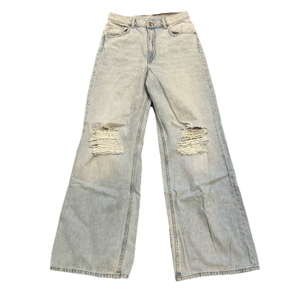 H&M Divided Jeans Women’s Sz 8 Blue Denim Distressed High Rise Wide Leg 90’s Y2K